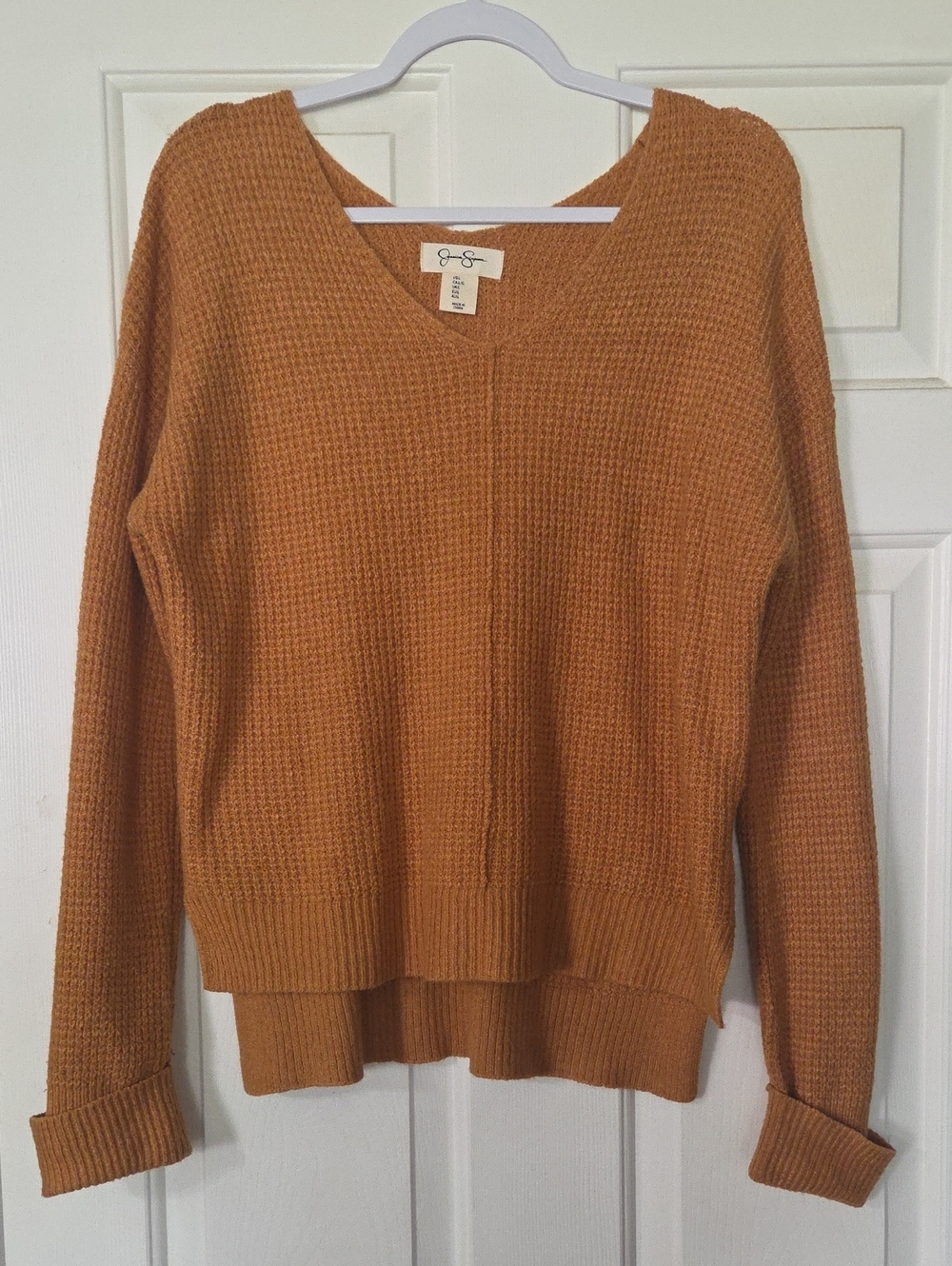 Jessica Simpson Waffle-Knit V-Neck Sweater in Mustard
